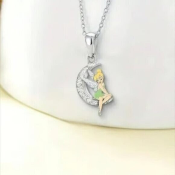 Tinkerbell Disney Moon Cubic Zirconia Studded Pendant Necklace New - Picture 3 of 5